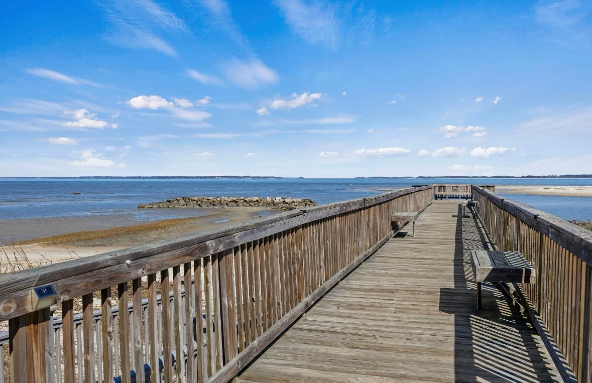 Private beach pier on Port Royal Sound with panoramic water views