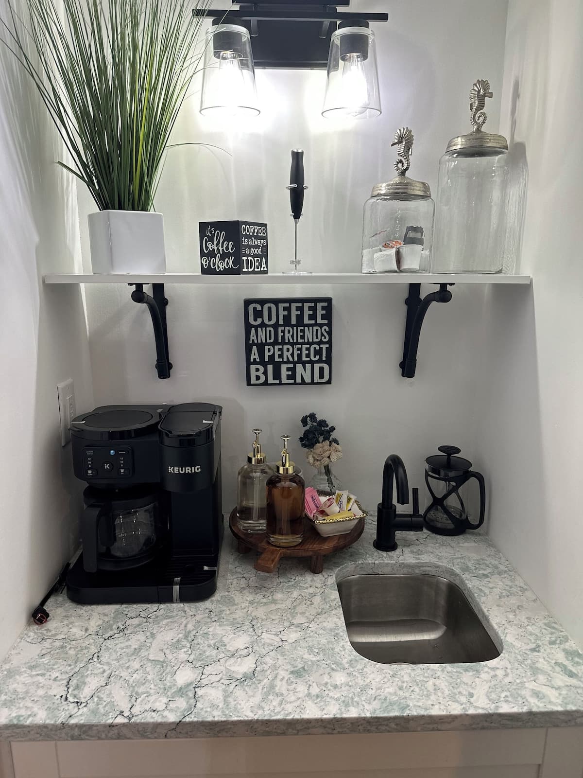Gourmet coffee bar with Keurig Duo, French press, and wet sink